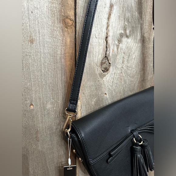 Pink Haley Faux Leather Crossbody Purse with Double Tassel in Black Gold - Picture 7 of 16